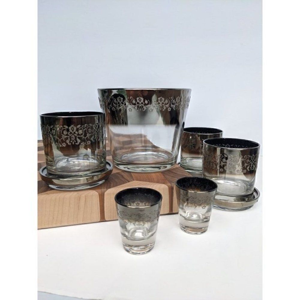 Queen's Lusterware vitreon Ice bucket rock/shot glass set, faded mercury silver